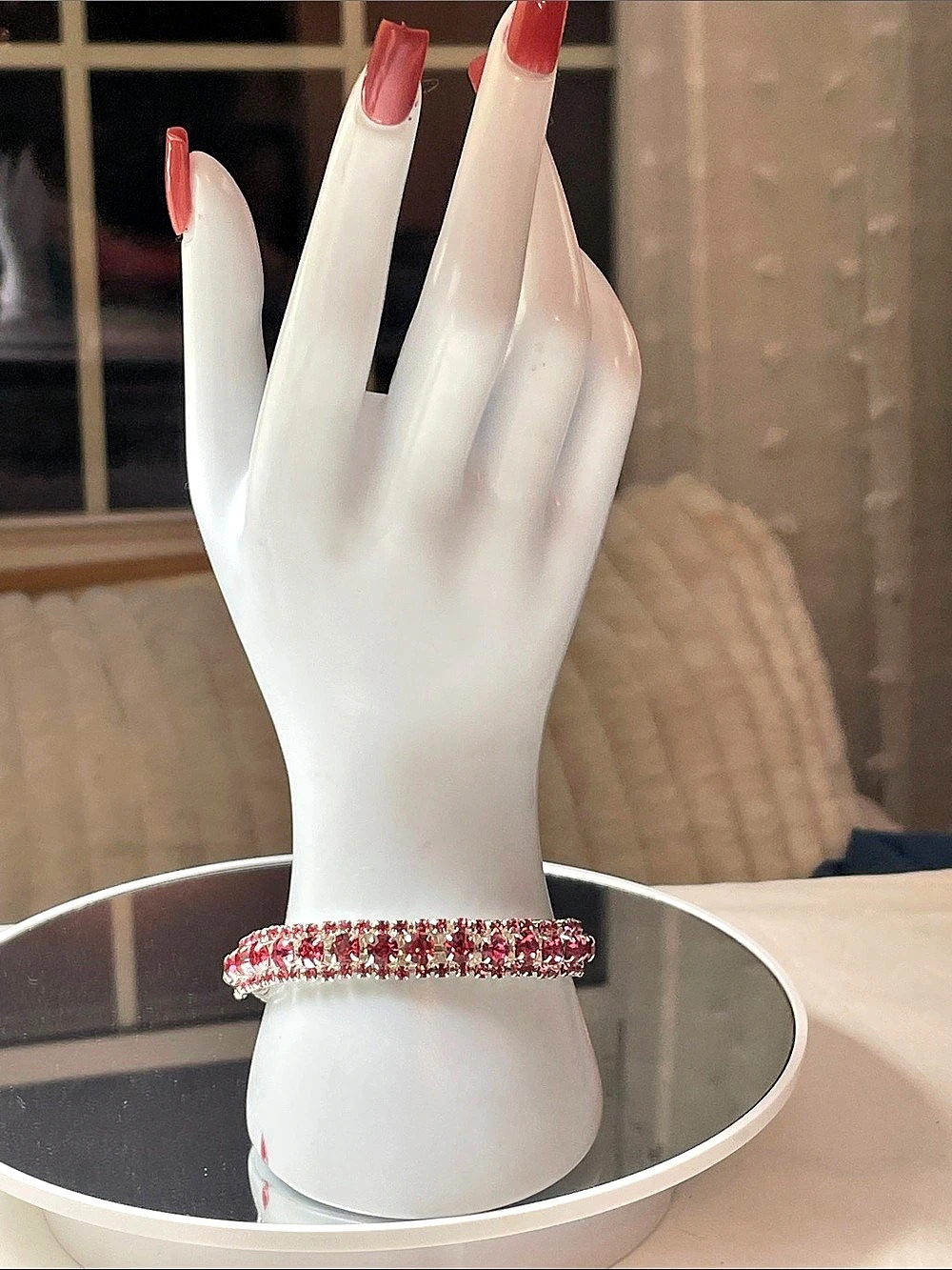Silver & Pink Crystal adjustable stretch Bracelet Size 7.5”-8.5”